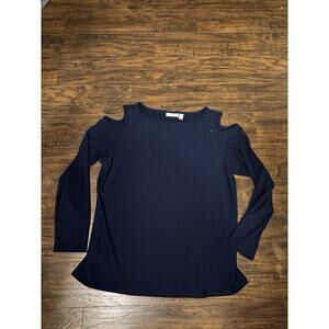 Susan Graver Blouse Women Size L Blue Slinky cold Shoulder Stretch Knit Top